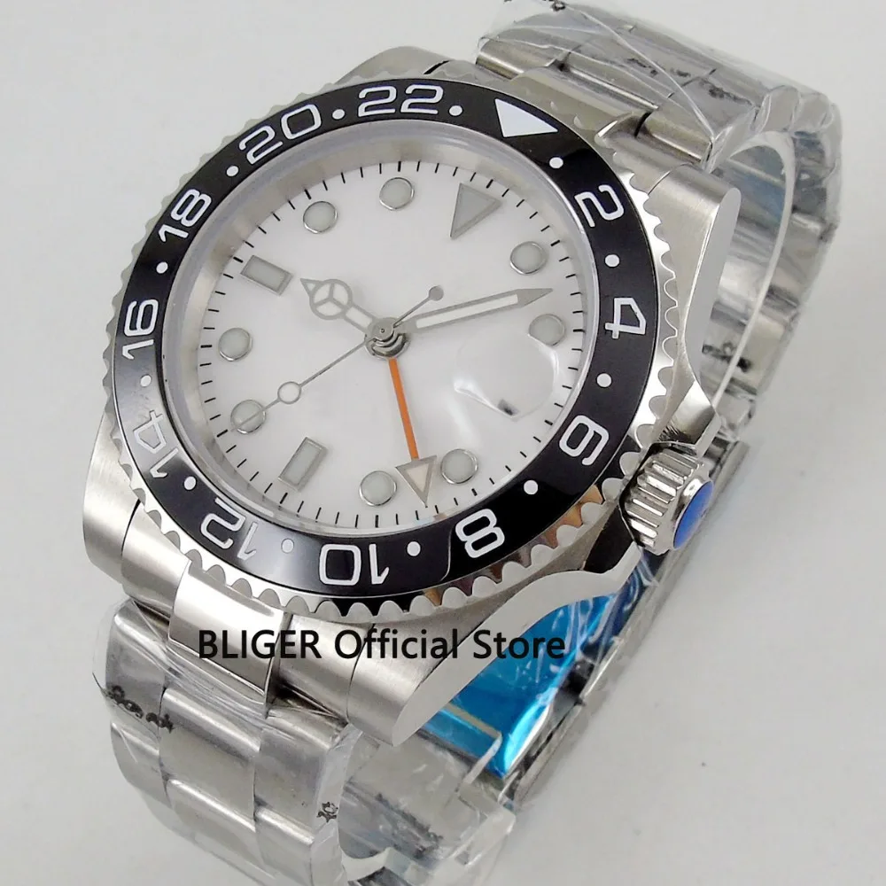 

Solid BLIGER 40mm White No Logo Dial Ceramic Bezel Luminous Marks GMT Function Sapphire Automatic Movement Men's Watch B140