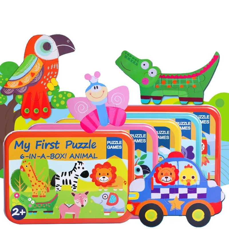 Детские игрушки железный ящик для рано Head Start обучение головоломки познавательные карты транспортного средства/фрукты/животное комплект