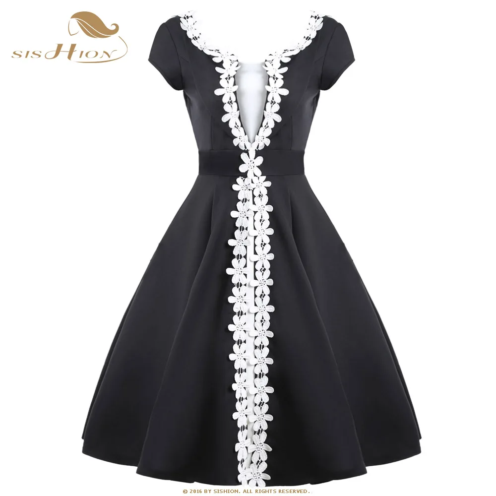

SISHION Elegant Black Dress Patchwork Designer Flower Decoration Big Swing 1950s 60s Hepburn Party Retro Vintage Dress