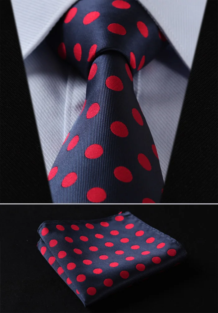 

TD201R8 Red Navy Blue Polka Dot 3.4" Silk Wedding Gravata Jacquard Classic Mans Tie Necktie Pocket Square Handkerchief Set Suit