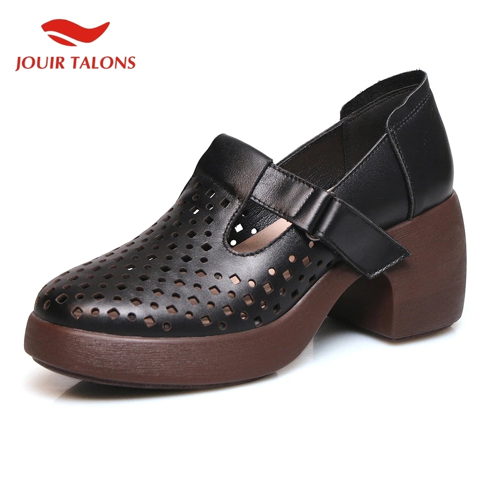 

INS Hot Hollow Natural Cow Genuine Leather Women Shoes Pigskin Insole Pumps Woman Summer High Heels Mary Janes Retro Shoes Woman