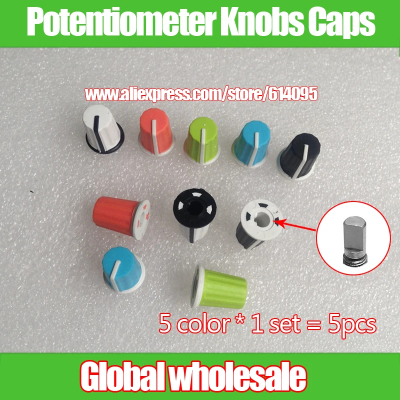 

5pcs Color Compact Rotary Potentiometer Knobs Caps / Hole 6mm / Soft Rubber Knob Cap 90 Degree Indicator / Switch Adjustment