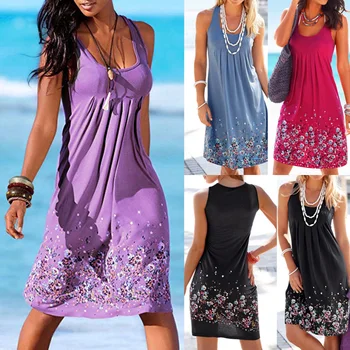 

Boho Women Sleeveless Floral Summer Beach Dress Holiday Sundress BMF88
