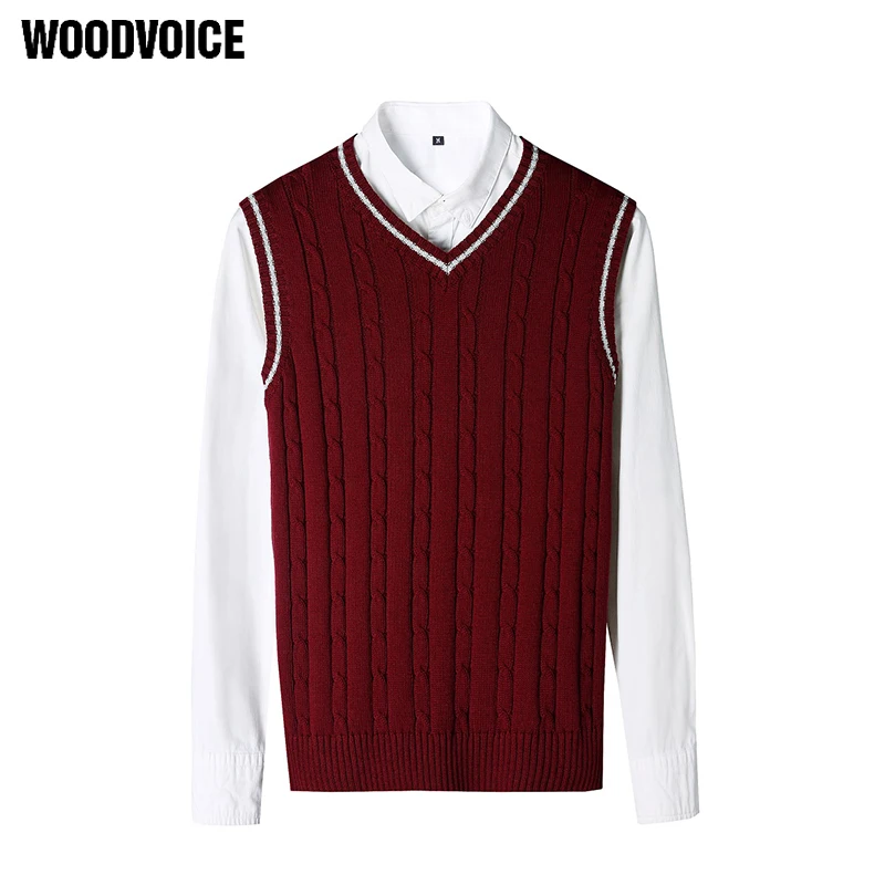 Woodvoice Для мужчин s брендовая одежда 100% хлопок сплошной v-образным вырезом Повседневное мужской свитер жилет Для мужчин вязаный пуловер без