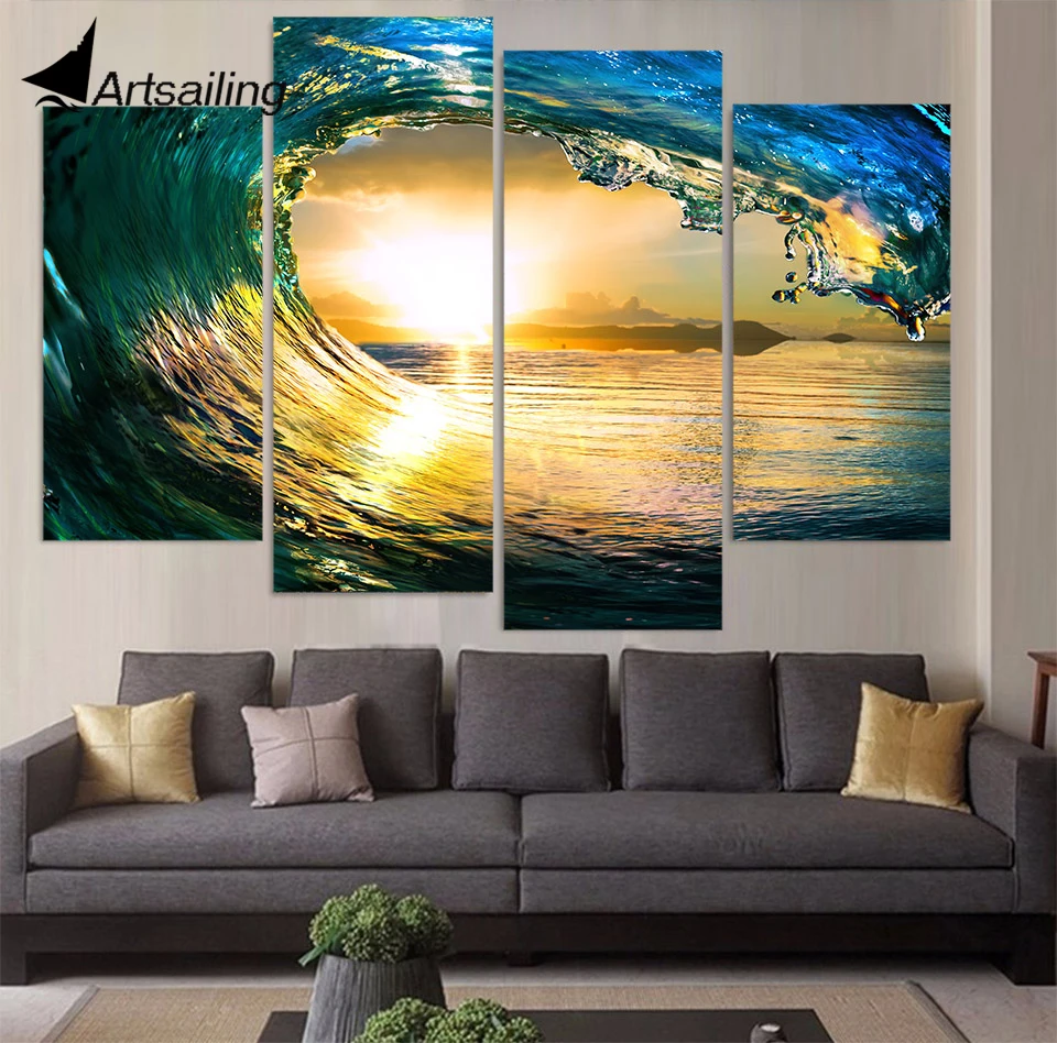 

Artsailing 4 Piece Canvas Painting HD Printed Golden Sea Wave Eye Modular Pictures Wave Picture Sunset Beach Canvas Prints