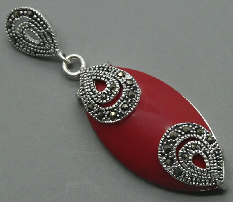 

925 STERLING SILVER RED CORAL MARCASITE NECKLACE PENDANT 18x40MM A0510 Chains Bridal Jewelry momen