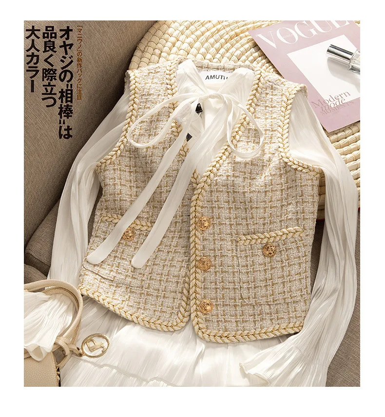 New Collection Women's Vest Plaid Knitted Patchwork Lurex Feminine Wool Coats Elegant Office Lady's V-neck Buttons Tank Jackets