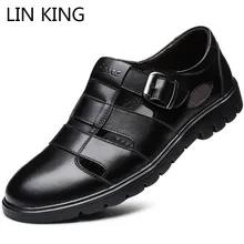 LIN KING/дышащие мужские сандалии с вырезами; большие размеры; летняя деловая повседневная обувь из натуральной кожи; Уличная обувь с пряжкой для отца
