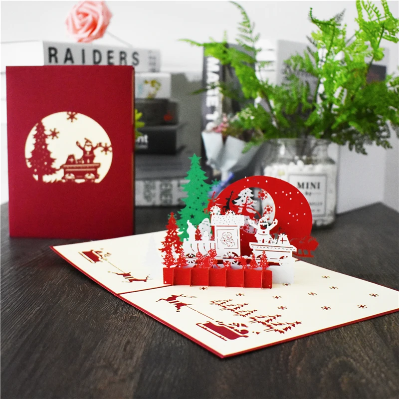 10 упаковок Рождественская открытка Рождество всплывающие карты с наклейки на конверте лазерная резка Новогодние поздравительные открытки подарки ручной работы