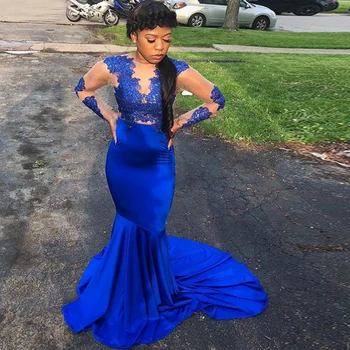 

Long New Sheer Long Sleeve Prom Dresses Elegant Top Lace Royal Blue African Black Girl Stretch Satin vestidos de gala