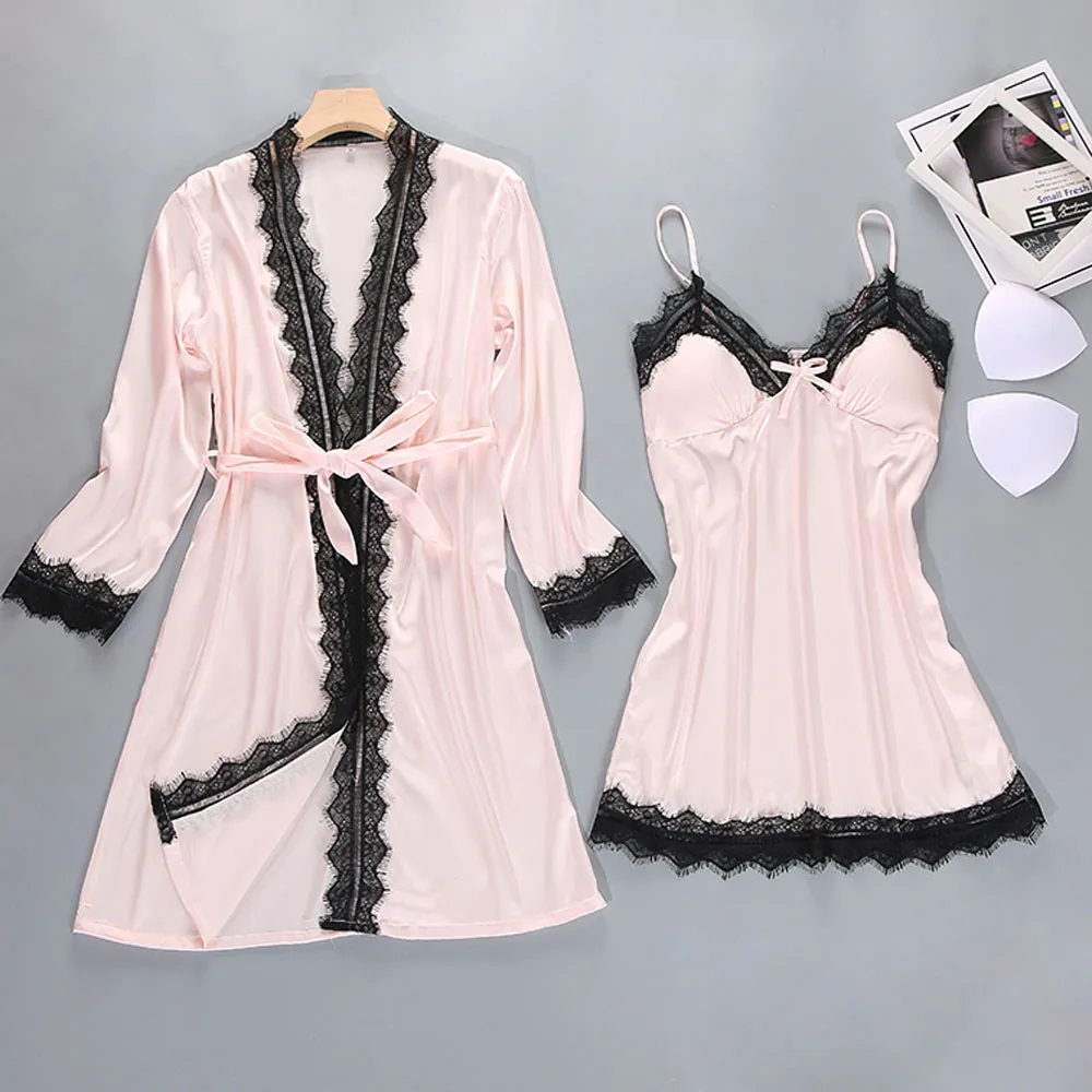 2pcs Light Pink Для женщин соблазнительный, атласный, Шелковый ночной рубашке кимоно Ночной комплект невесты свадебное белье Ночная рубашка халат de nuit - Цвет: 2pcs Light Pink