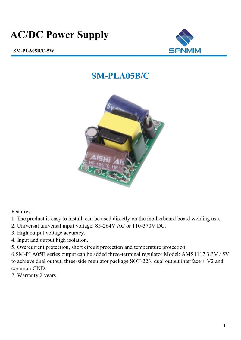 1 шт. SANMIN AC220V в DC3.3v 5 в 9 в 12 В 15 в 24 В 5 Вт импульсный источник питания изолированный от 220 В до 5 В голая плата PLA05BC x6789