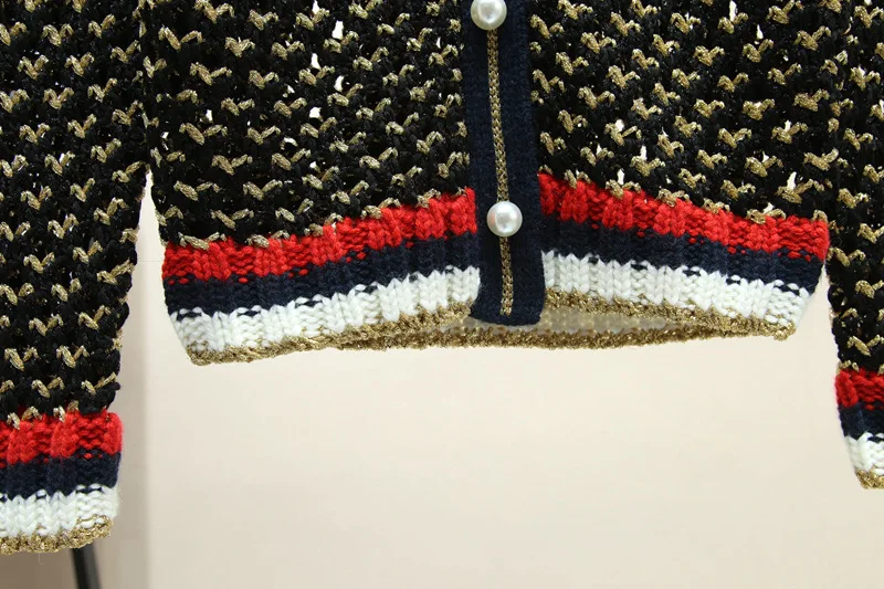 Роскошный дизайнерский брендовый вязаный свитер для женщин, круглый вырез, винтажный контрастный цвет, в полоску, с жемчужными пуговицами, вязаный кардиган, свитер
