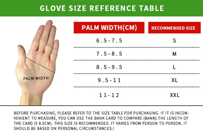 Washable Half Fingers Cycling Gloves Measurements