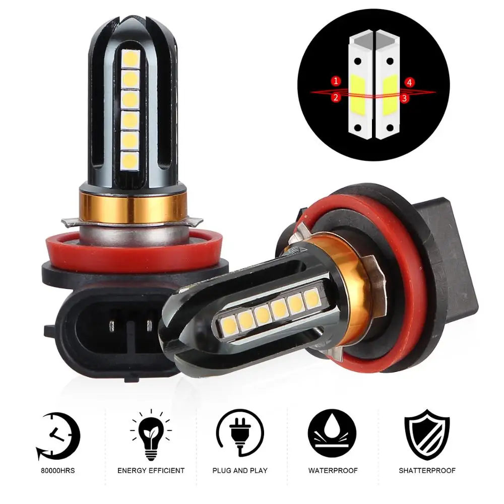 

2 Pcs LED Fog Lights with 4 Sides Chips Bulbs Car Surper Bright Fog lamp H8 H9 H11 H16 5202 9005 9006 Daytime Running Lights 12V
