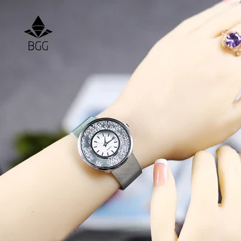 

Hot Fashion Stainless Mesh Strap Watch Women Crystal Dial Poplular BGG Brand wristwatches Ladies Gold Silver Dress Quartz-Watch