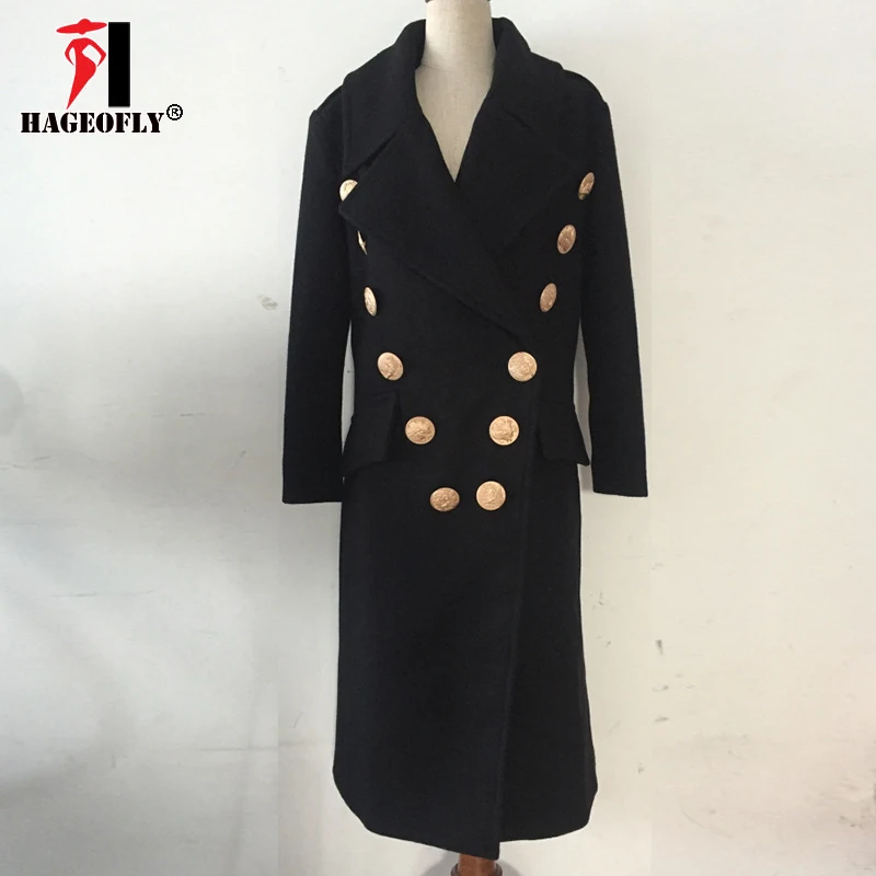 Высококачественное зимнее толстое Женское пальто с изображением животного, индивидуальное двойное Золотое металлическое пальто с пряжкой, Длинное Черное Женское шерстяное пальто