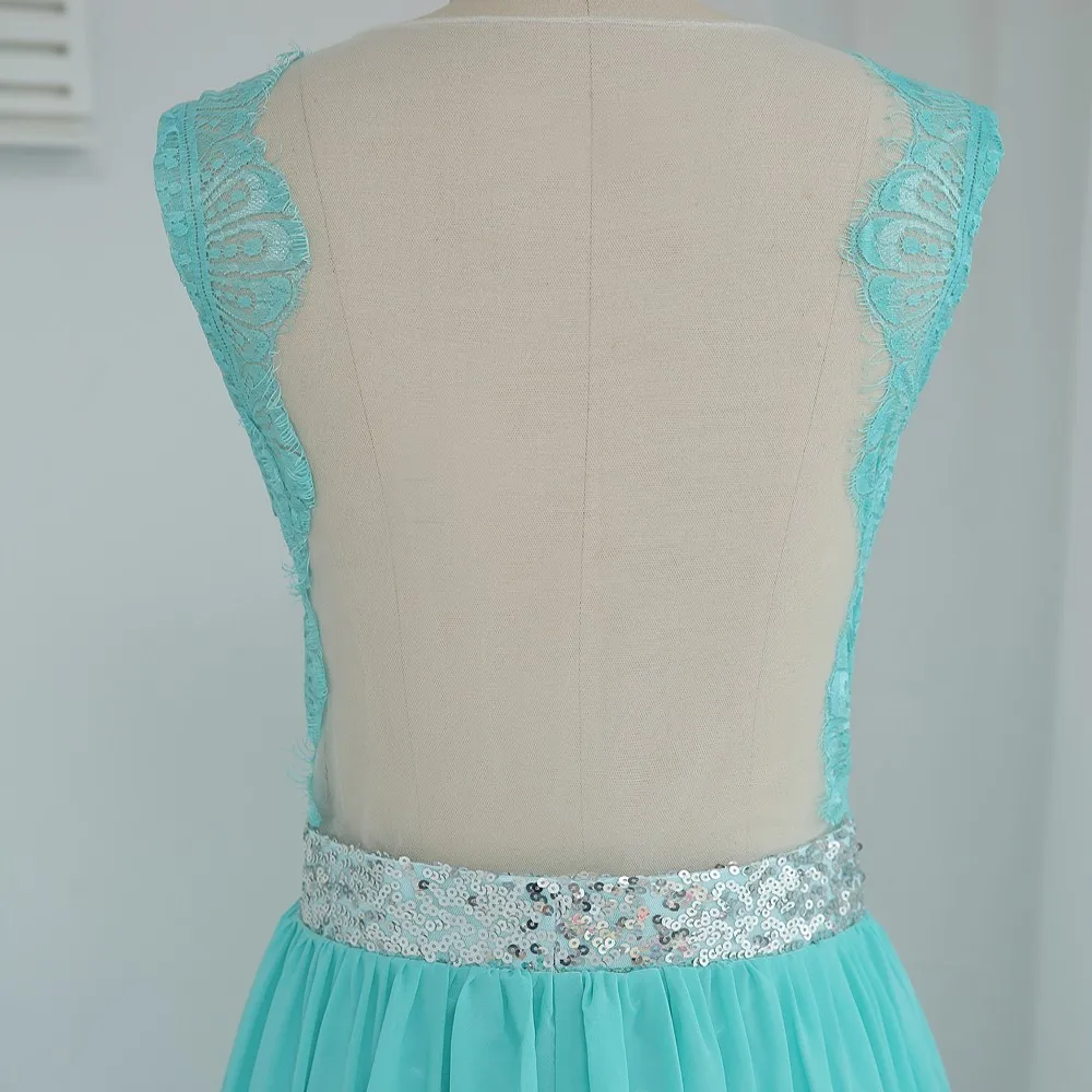 A-line See Through Mint Green Chiffon Lace Sequins Bridesmaid Dress