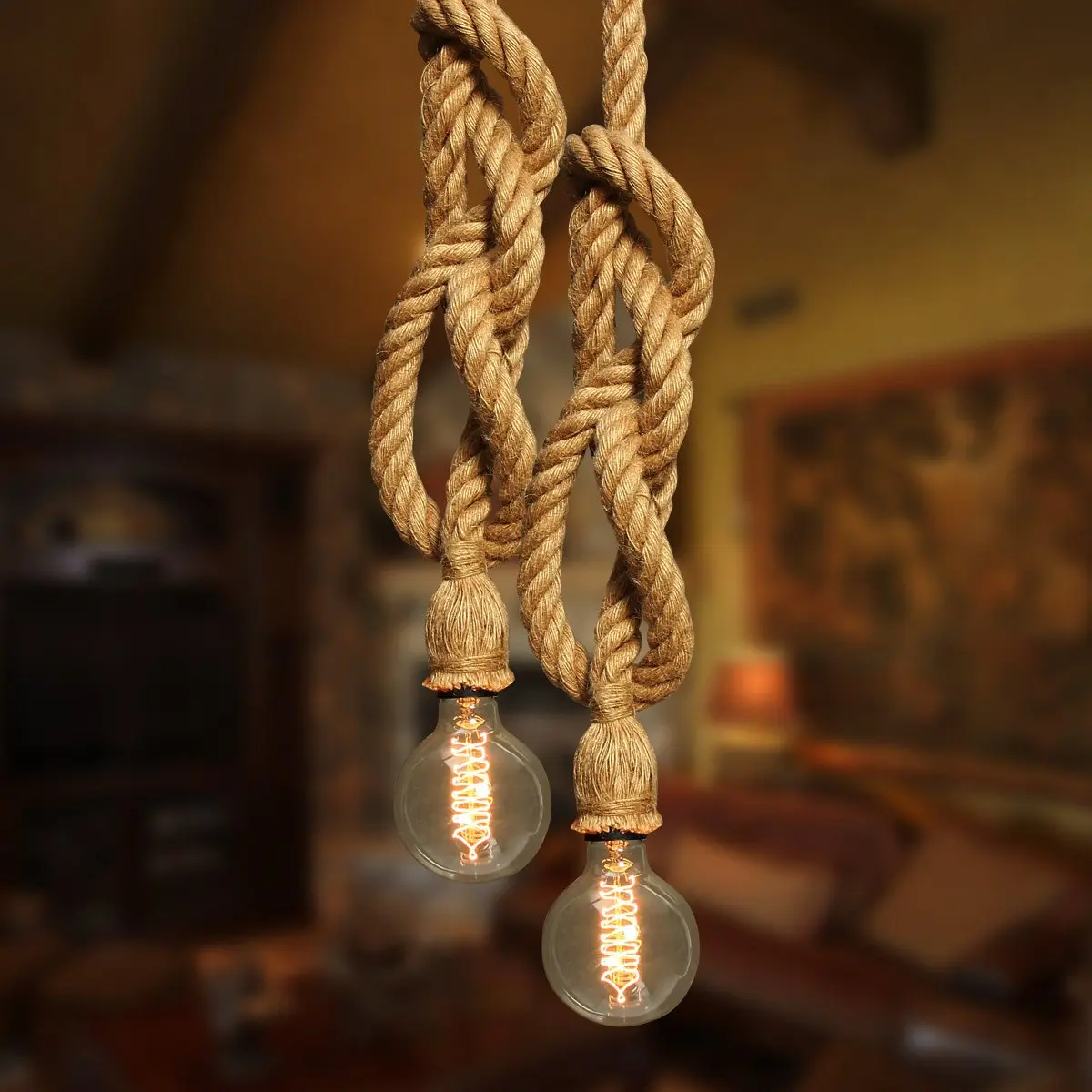 

DIY 1-4M Double Heads Countryside Hemp Rope Lamp Pendant Lights Night Lighting Edison Bulb for Living Room Cafe Shop Home Decor