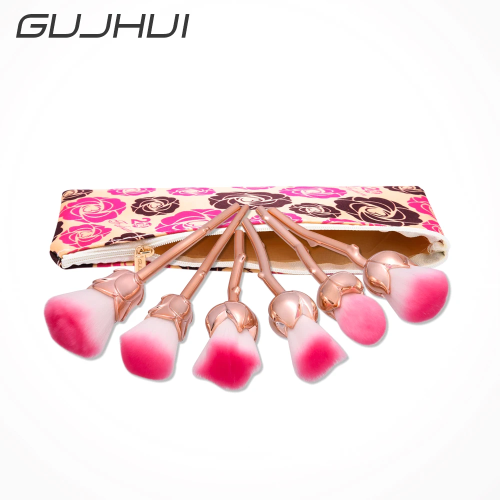 

Fashion Rose Flower Shape Handle 6pcs/Set Makeup Brush Kit Blusher Foundation Loose powder Contour Highlighter Cosmetic Brushes