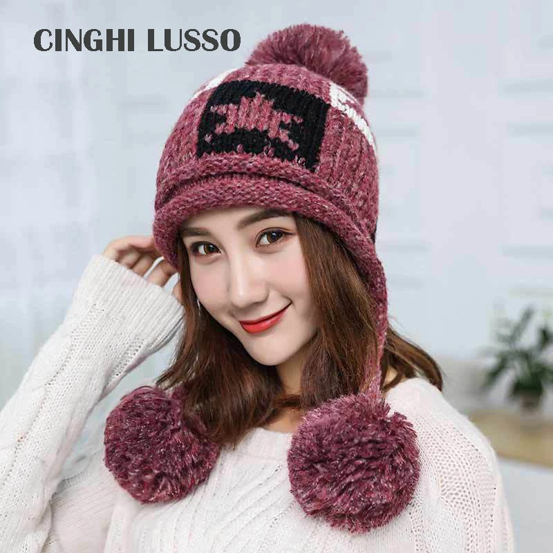 

CINGHI LUSSO Winter Knitted Beanie Female Skullies Wool Caps Women Bonnet Autumn Warm Ear Thick Brand Pom Pom Plaid Hat Girls