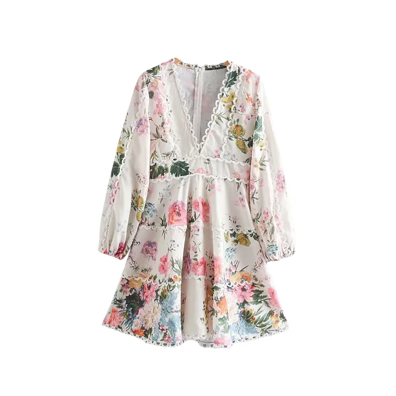 

Women Floral Print Knee Length Dress Sweet Pleated Lantern Long Sleeve Casual Female A line Dress FFZYQ191