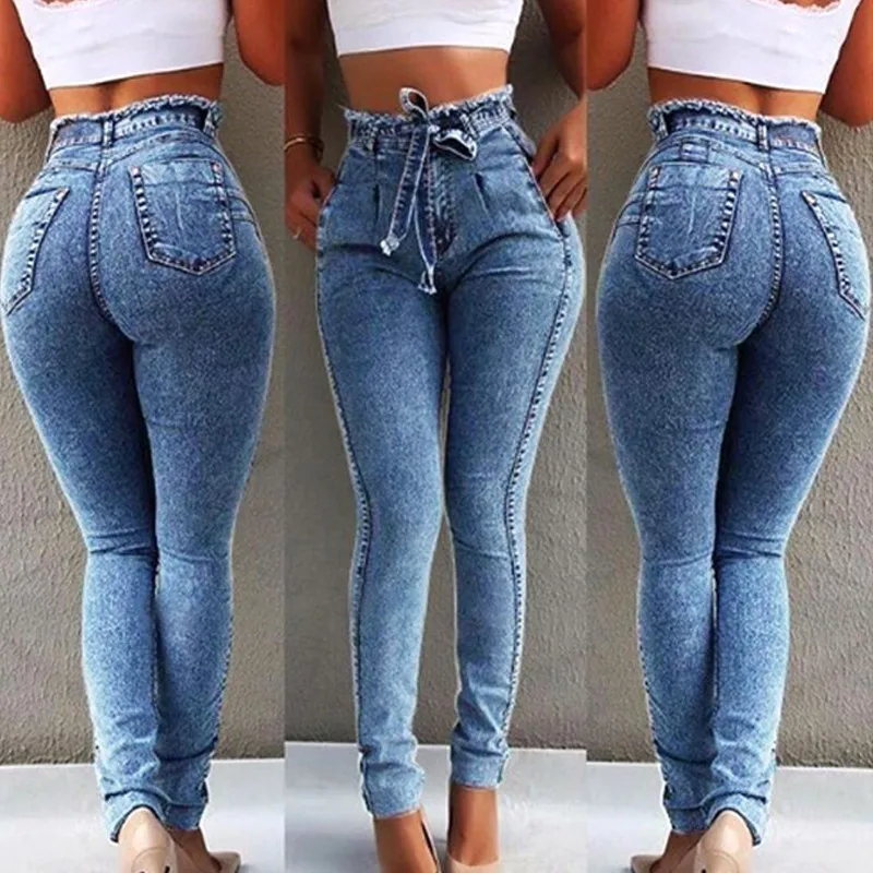 light blue LIBERJOG, женские джинсы, сексуальные, бандажные, с высокой талией, тонкие, синие, серые, винтажные, джинсовые штаны, с поясом, размера плюс, женские повседневные брюки - Цвет: light blue