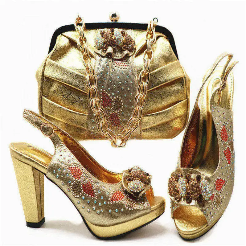 Высококачественные Стразы золотистого цвета; комплект из обуви и сумки в африканском стиле; женские Вечерние туфли на высоком каблуке и сумочка в комплекте; 6 цветов - Цвет: Золотой