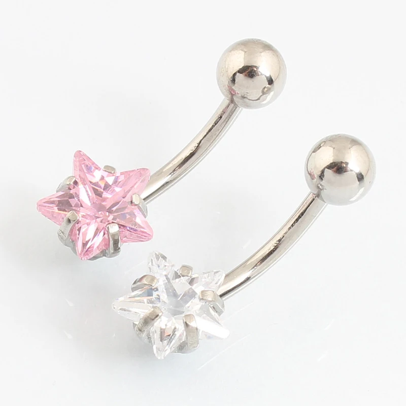 Navel ring five pointed star all stainless steel prong setting zircon