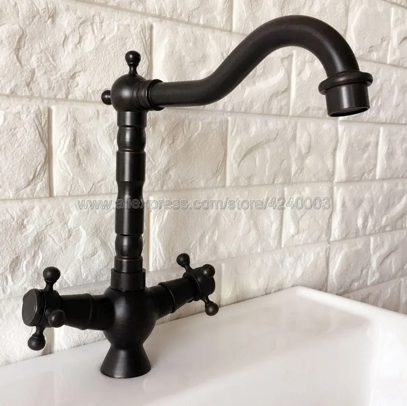 

Dual Handle Swivel Bathroom Kitchen Sink Faucet Black Oil Brass Mixer Tap with Hot and Cold Water Deck Mounted Knf363