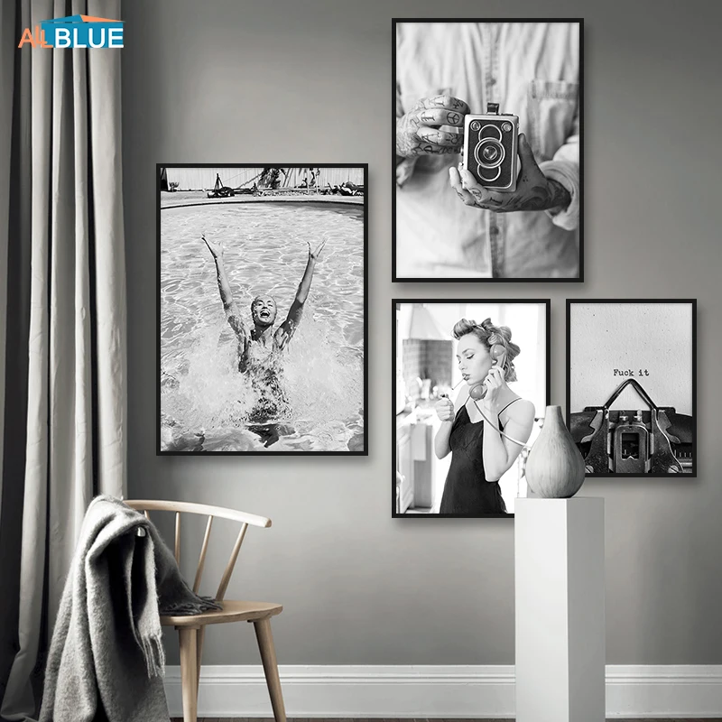 Плавание девушка старинная камера настенное искусство черный белый холст живопись скандинавские плакат и печатная графика картины на стену в стиле модерн для гостиной