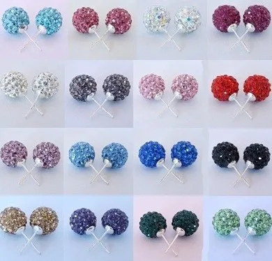 

factory fasion!10mm Clay Mixed 20 Color Crystal Micro Pave Disco Ball Silver Plated crystal Earrings Stud crystal Shamballa
