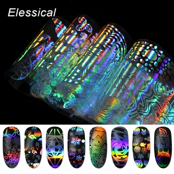 

ELESSICAL 8pcs/lot Holographic Transfer Nail Foil Geometric Unicorn Pattern Nail Art Sticker Laser Flower Decals Nail Decoration