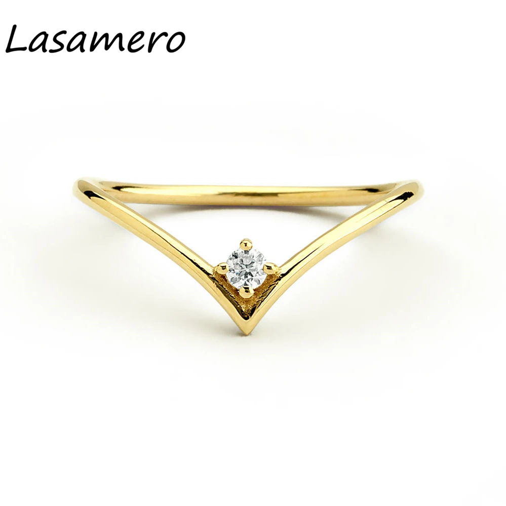 Lasamero Round Cut 0 07ct Natural Diamond 14k Gold Solitaire Delicate V Shape Dainty Wedding Band Stack Ring Gift For Her 1pc Rings Aliexpress