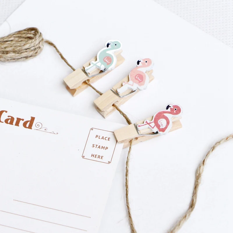 

10Pcs Natural Wooden Flamingo Christmas Flamingo Clips +2 Meters Twine For Photo Clips Clothespin Craft Decoration Clips Pegs