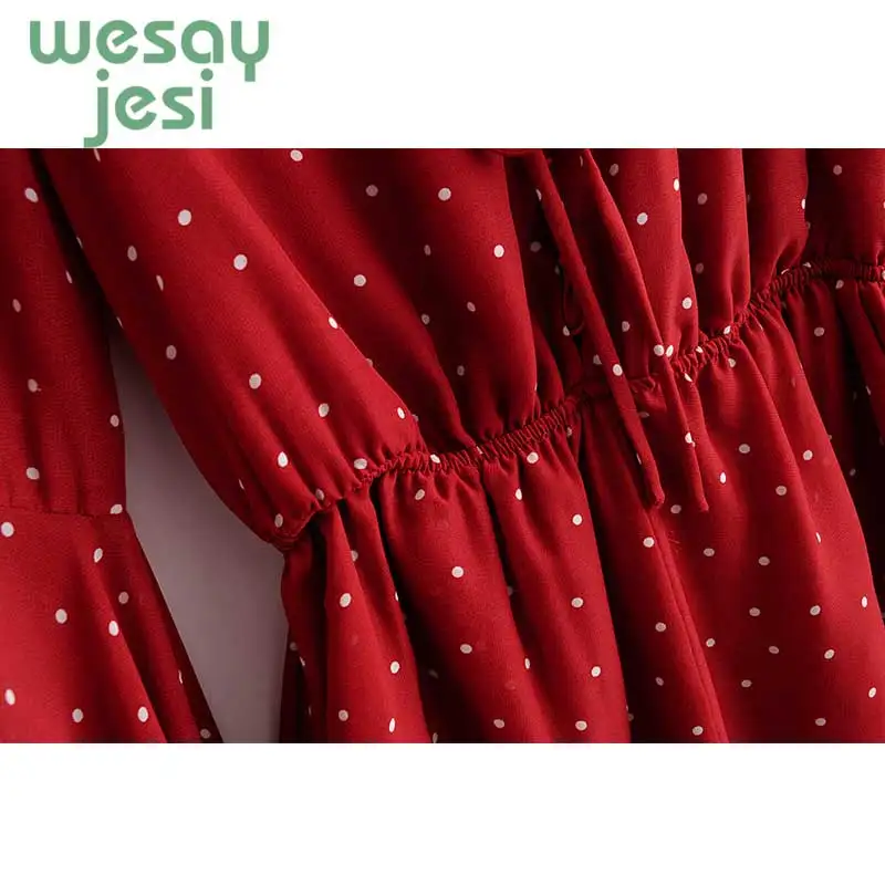 Women Red Bohemian Playsuit Dot Printed Rompers Long Flare Sleeve Jumpsuit Elegant Ruffles Sleeve Chiffon Playsuit Women Red Bohemian Playsuit Dot Printed Rompers Long Flare Sleeve Jumpsuit Elegant Ruffles Sleeve Chiffon Playsuit
