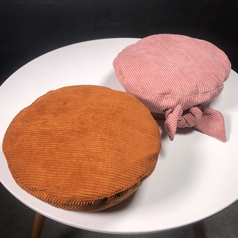 

HT2050 Women Autumn Winter Beret Solid Plain Female Beret Hats for Winter Corduroy Cotton Army Beret Flat Top Bowknot Artist Hat