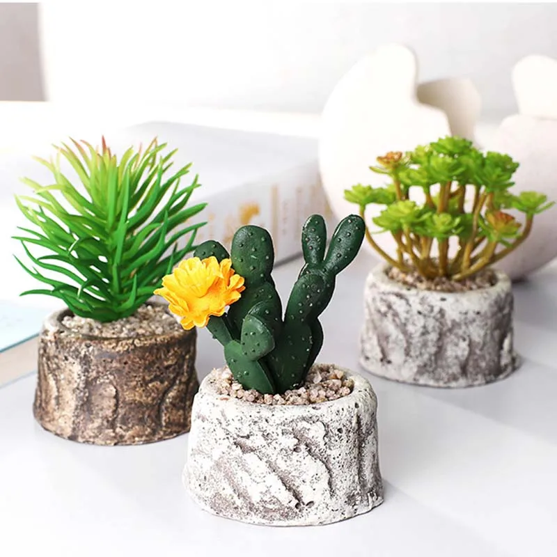 Set of 6 Artificial Plants Cactus Mini Stone Landscape Succulents Grass