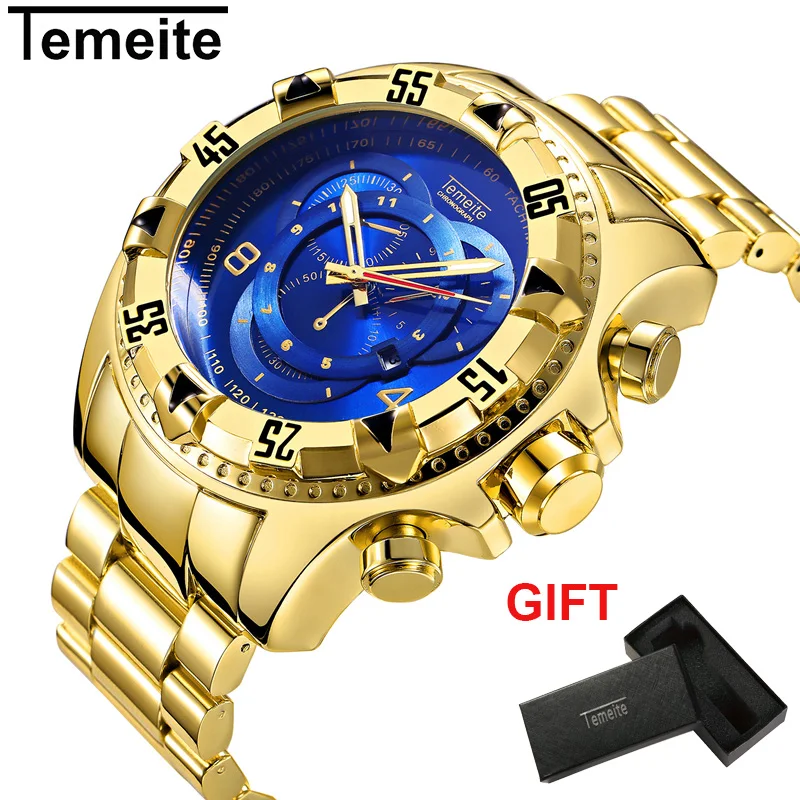 

Temeite Luxury Gold Men's Watches Big Dial Quartz Watch Man Business Wristwatch Steel Waterproof Relogio Masculino Dropshipping