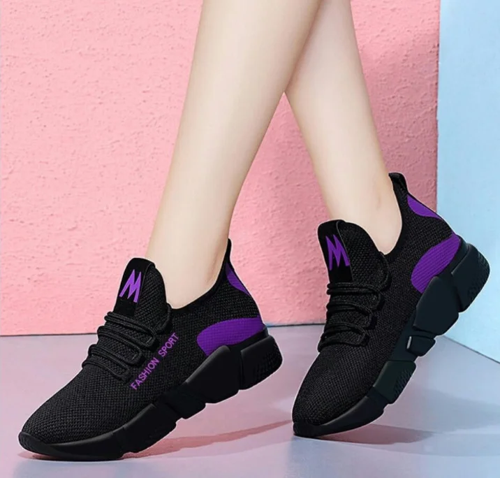 UNIGUE GIRL/Новинка года; сезон весна; женская повседневная обувь; Модные дышащие легкие прогулочные сетчатые кроссовки на шнуровке; женские кроссовки на плоской подошве; T70 - Цвет: Purple black