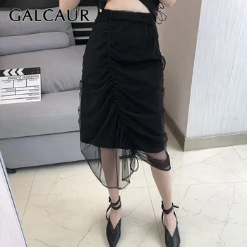 

GALCAUR Elegant Ruched Skirt For Women High Waist Asymmetrical Mesh Perspective Mini Skirt Female 2020 Fashion Summer New