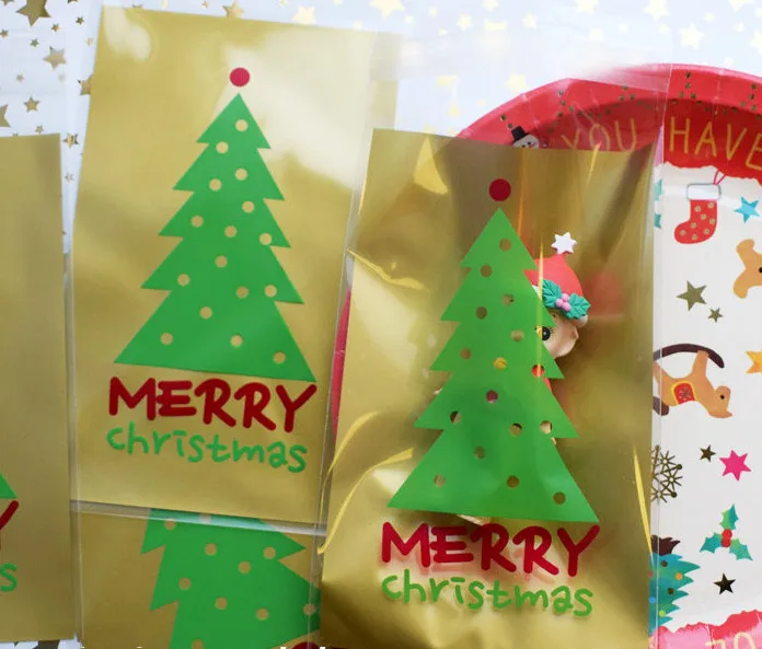 Золотая зеленая Рождественская елка украшение сумка для печенья Самоклеющиеся пластиковые пакеты конфеты десерт пакет подарочная упаковка