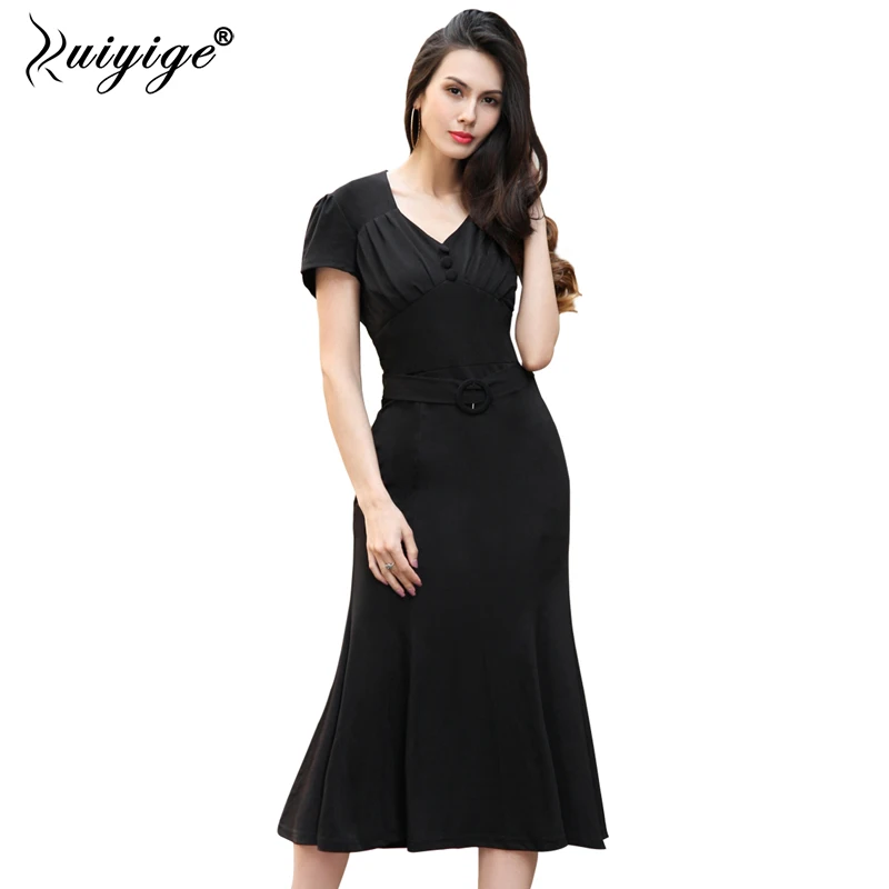Ruiyige font b Trumpet b font V Neck Short Sleeve Mermaid Dress Solid Work Office Business