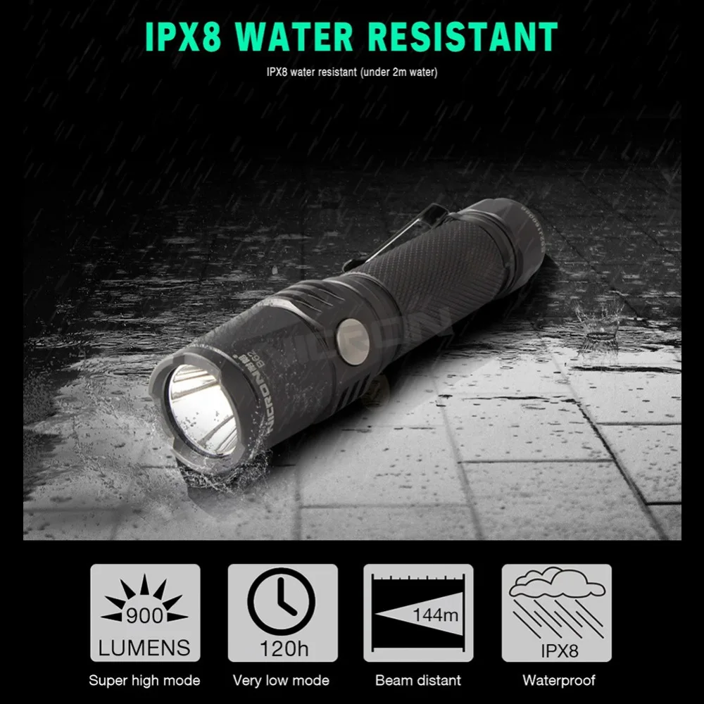  NICRON Mini 9W Super Brightness Portable Flashlight Light Waterproof IPX8 5200cd 900LM LED USB Rech - 32803033932