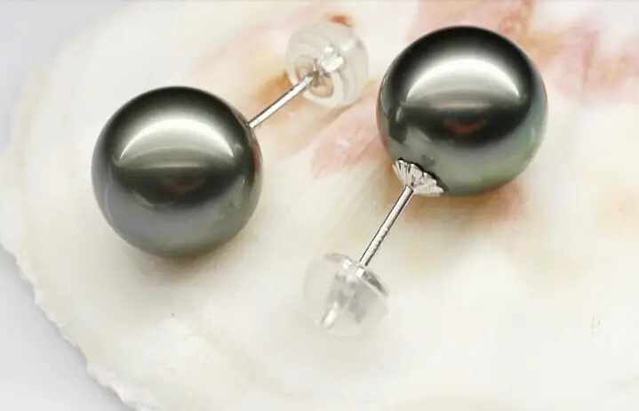 

charming AAA10-11mm tahitian black pearl earring 18k yellow gold