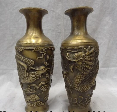 

JP S0114 8" China Bronze Auspicious Fly Dragon Phoenix Statue Palace Flower Vase Pot Pair