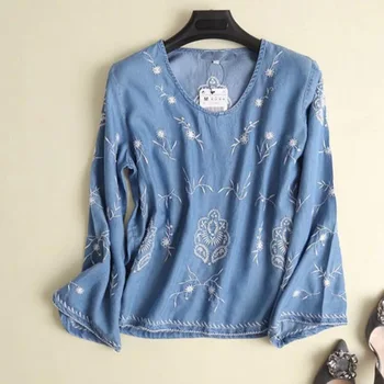 

LXMSTH Female Denim Shirts O-Neck Pullover Long Sleeve Shirt Women Cotton Casual Tops Vintage Embroidery Blouse Jeans Wholesale