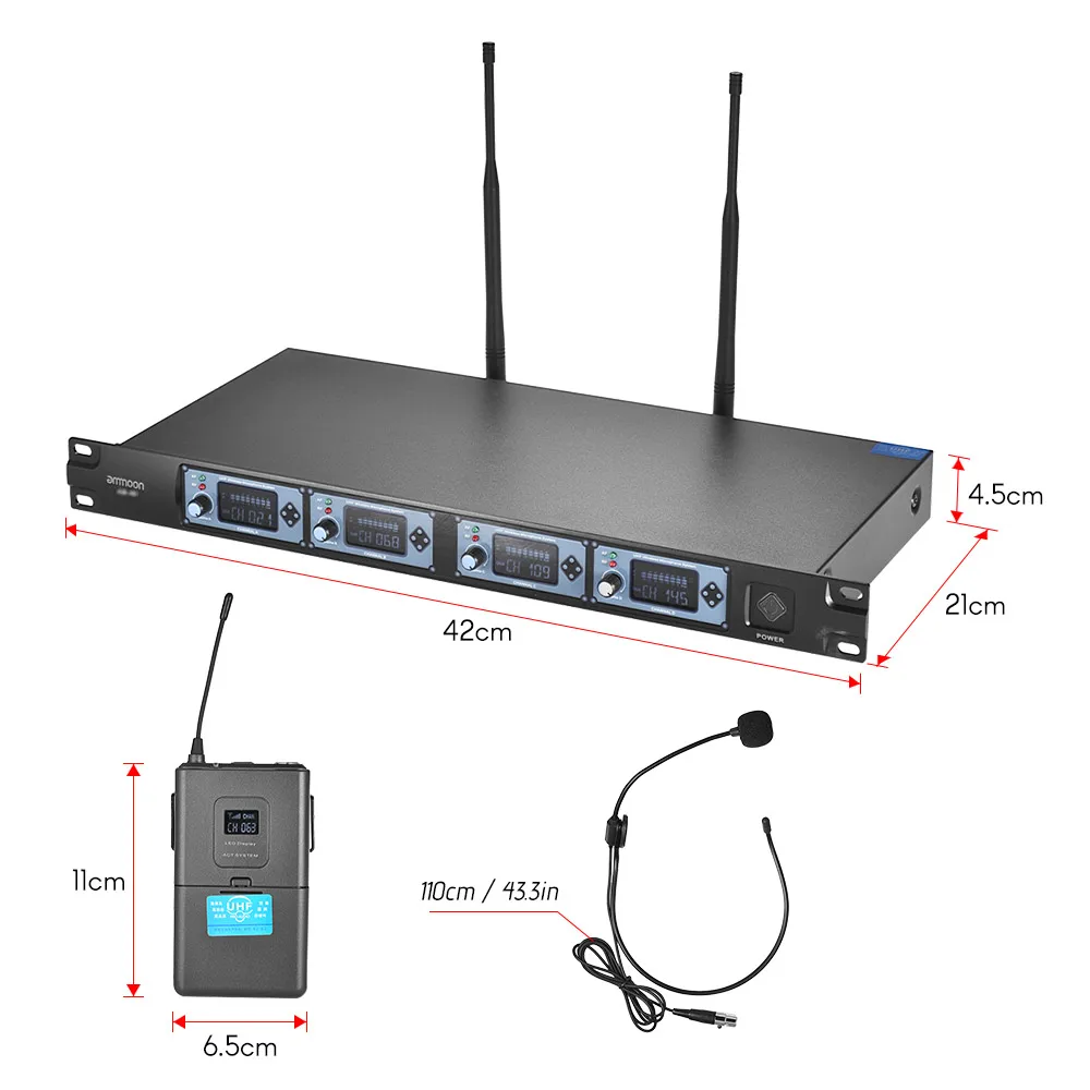 Ammoon 4 т Профессиональный 4-канальный UHF Беспроводной микрофон гарнитуры Системы 4 mic 1 Беспроводной приемник