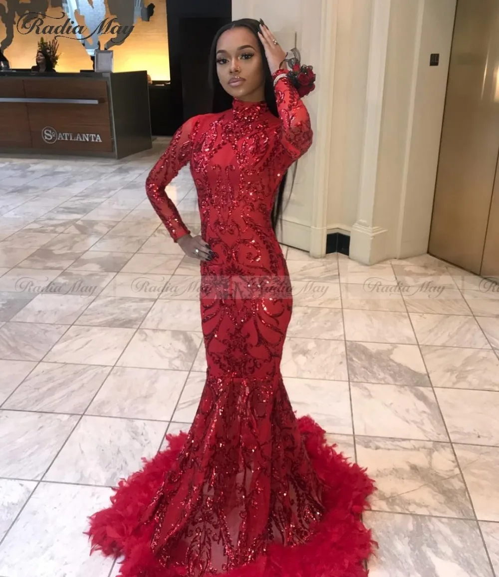 Red Sequined High Neck Long Sleeves Mermaid Sparkly Prom Dresses with ...