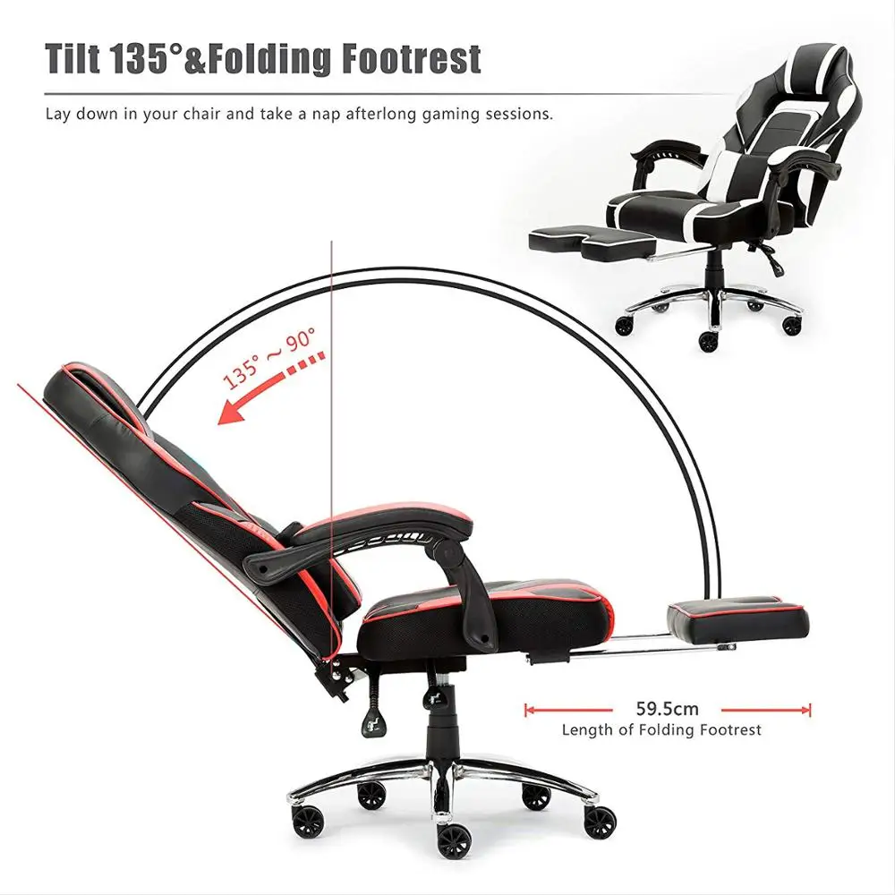  Leather Office Gaming Chair Racing Gaming Chair with Footrest and Lumbar Cushion Reclining Working 